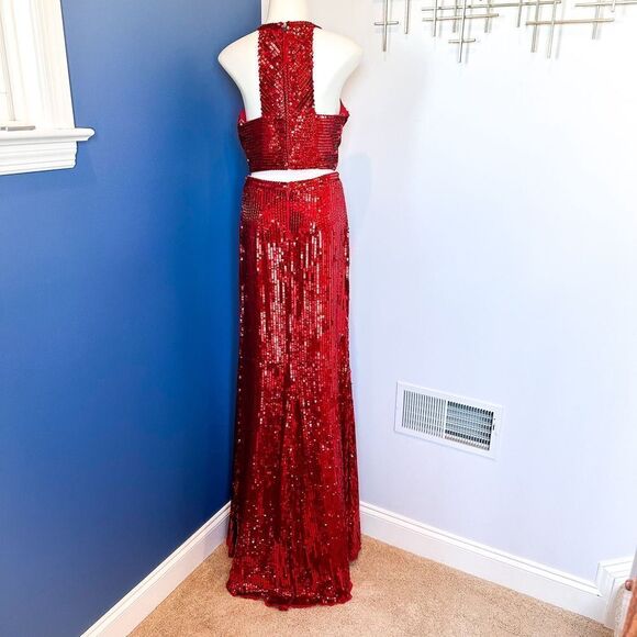 Sherri Hill Red Sequins 2-Piece Crop Top Skirt Gown Dress Slit Size 4 - 51662 - Picture 3 of 16